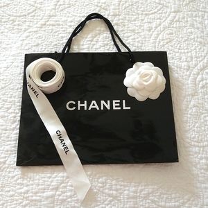 AUTHENTIC CHANEL PAPER BAG, RIBBON AND SIGNATURE CAMELLIA FLOWER